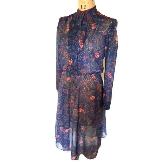 Vintage 70s paisley dress floral print cottagecore granny elastic waist midi M - Picture 4 of 12